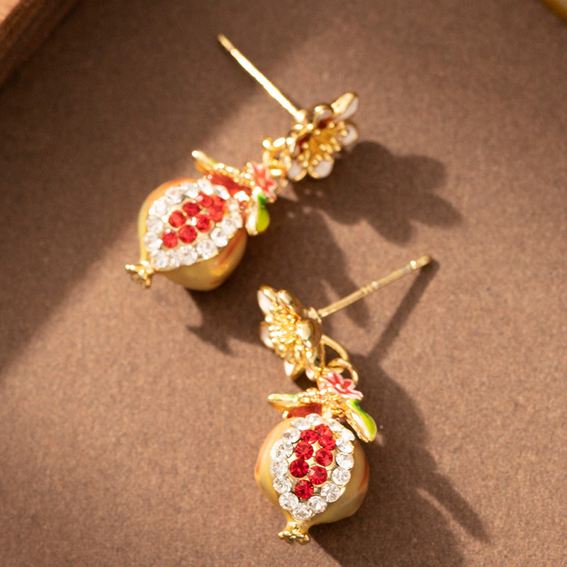 Garnet Flower Enamel Earrings With Rhinestones For Women