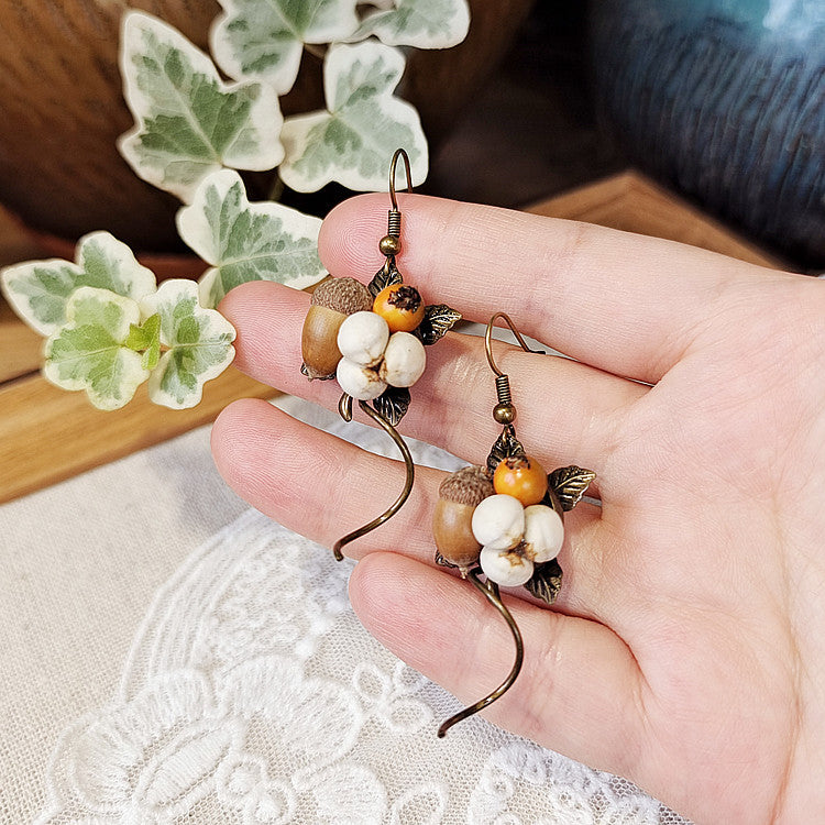 Geometric Botanical Wood Acorn Dangle Earrings