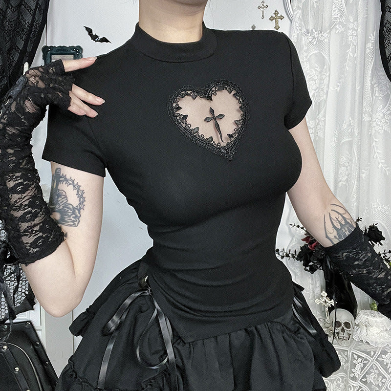 Cross Design Cut-Out Fitted Crop T-Shirt