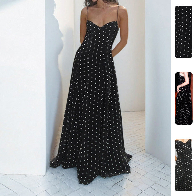 Elegant Casual Polka Dot Print Maxi Dress with Spaghetti Straps