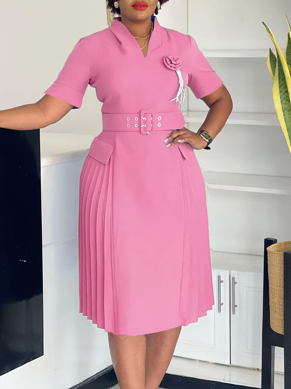 V-Neck A-Line Dress With High Waist And Ruffle Detail