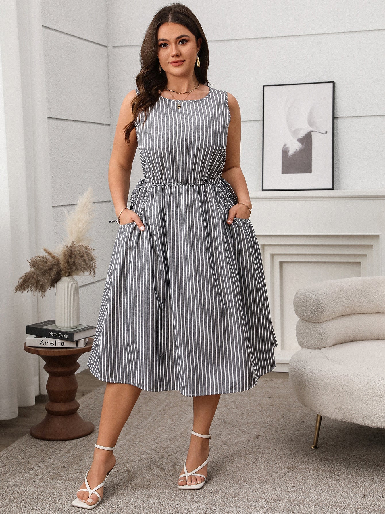 Stylish Striped Pocket Sleeveless Midi Dress For Casual Wear
