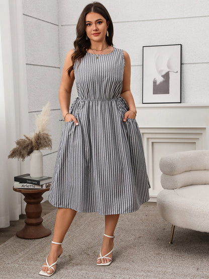 Stylish Striped Pocket Sleeveless Midi Dress For Casual Wear