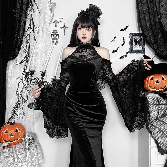 Black Off-Shoulder Long Sleeve Witch Dress for Women