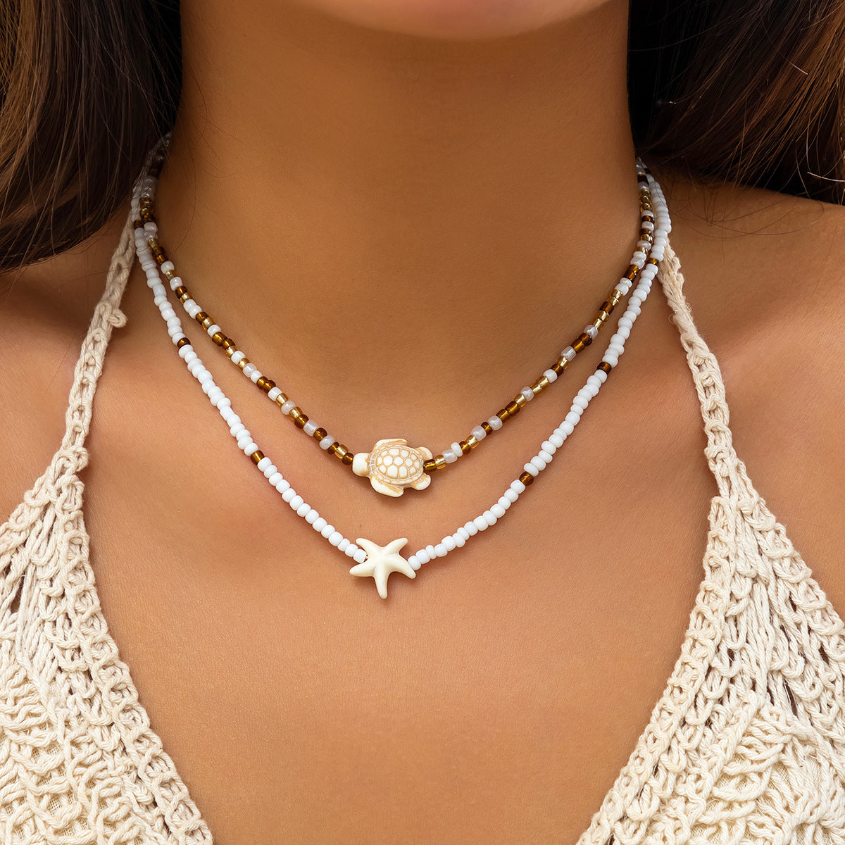 Ocean Breeze Bead Necklace With Starfish And Shell Design