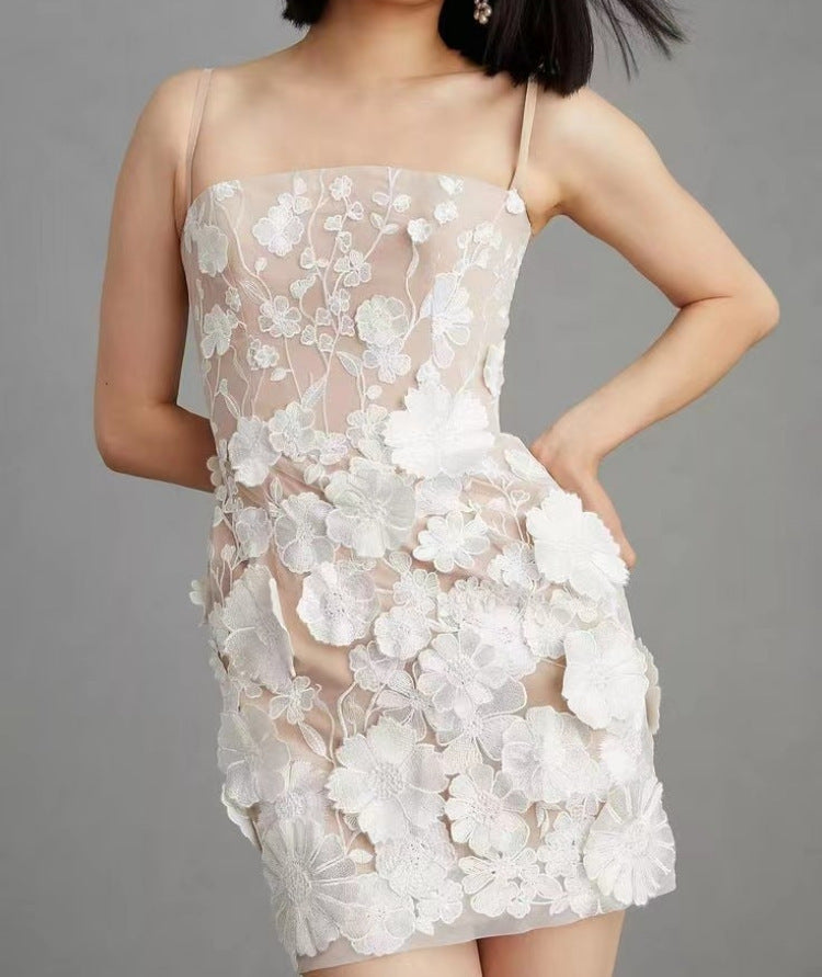 3D Floral Embroidered Slip Dress Elegant Polyester Summer Dress