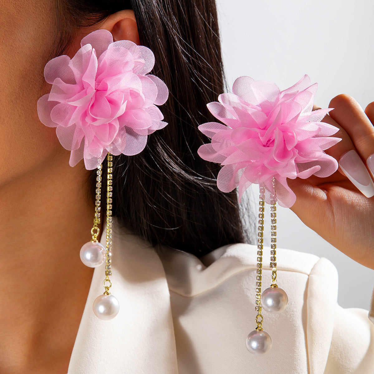 Exaggerated Flower Tassel Earrings With Faux Pearl For Women