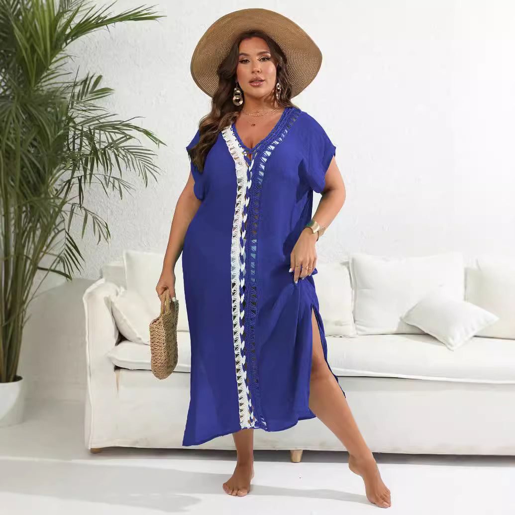 Vacation Beach Tunic Color Block Deep V Cut-Out Dress