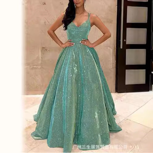 Elegant Sparkly Maxi Dress Sleeveless V-Neck Evening Gown