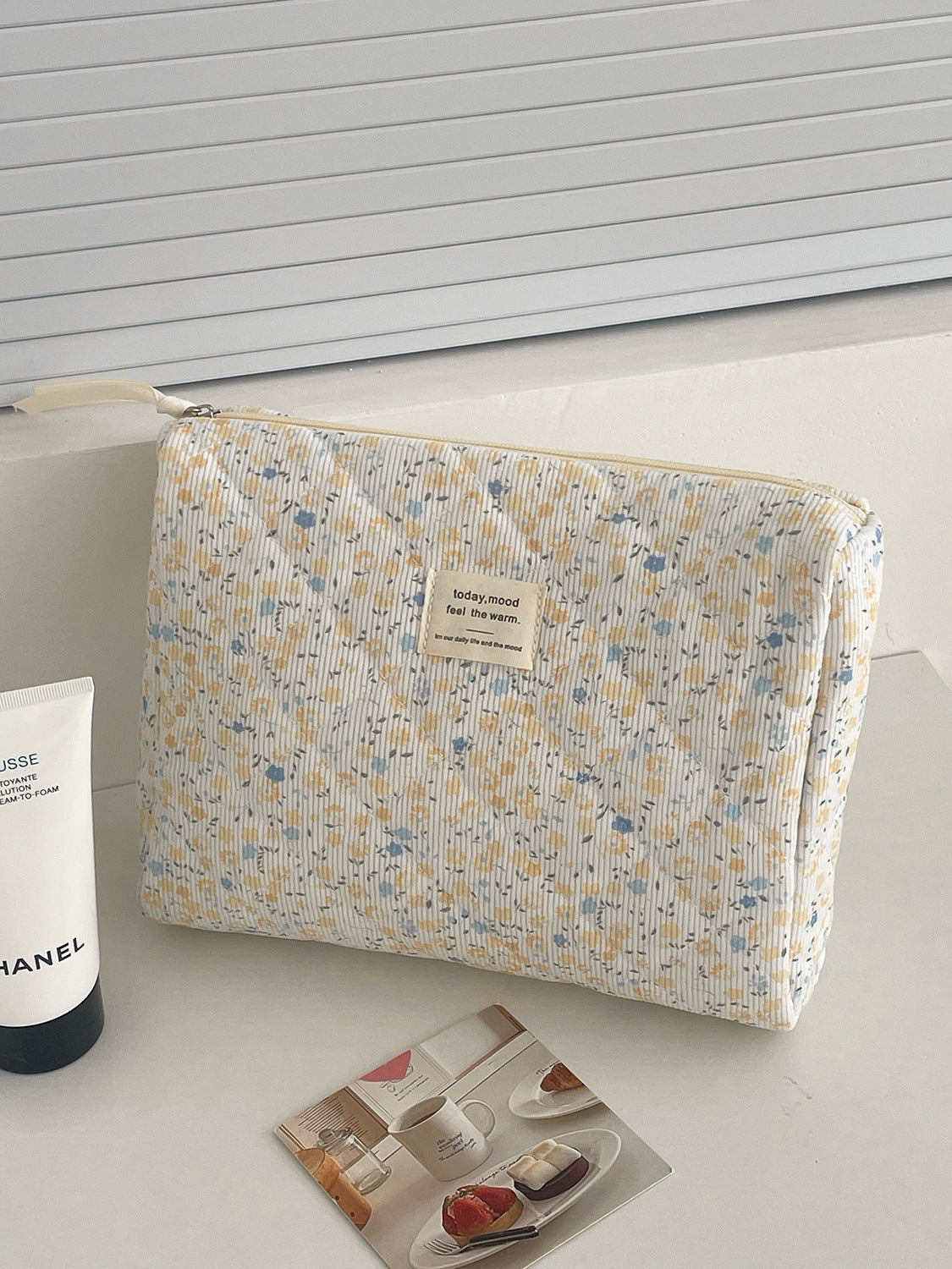 Floral Corduroy Makeup Bag Cute Travel Cosmetic Organizer