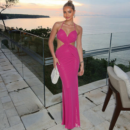 Backless Halter Long Dress In Solid Fuchsia