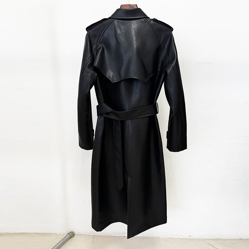 Double-Breasted Belted Faux Leather Trench Coat