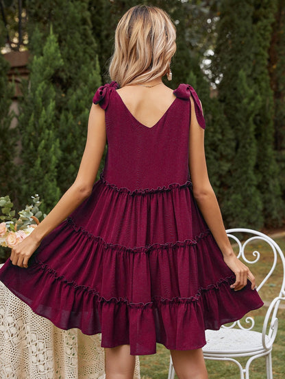 Summer New Solid Street Shoot Sleeveless Dress Temperament Generous A-Word Sling Dress Multi Layer