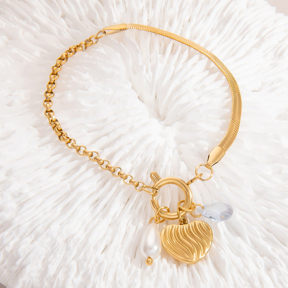 Stainless Steel Pearl Heart Pendant Bracelet Handcrafted DIY 18K Gold Plated Fashion Jewelry
