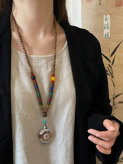 Ethnic Wood Buddha Bead Necklace Women'S Tibetan Zen Retro Old Long Pendant Sweater Chain