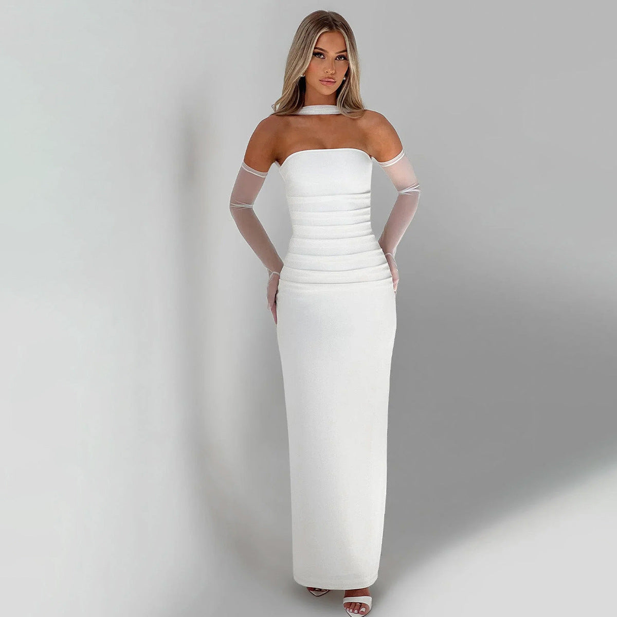 Elegant Strapless Gown with Sheer Sleeves