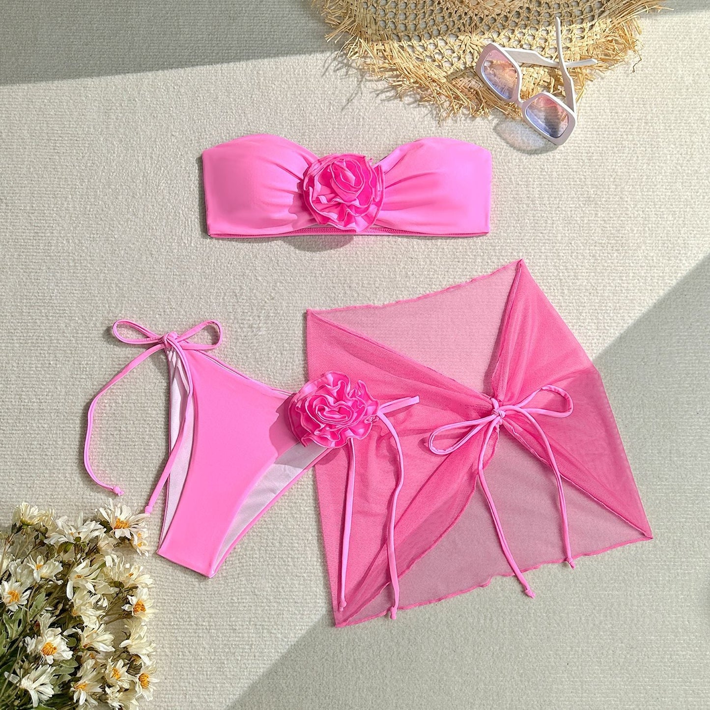3-Piece Sexy 3D Floral Bandeau Bikini Set
