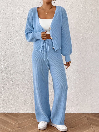 Solid Color Women'S Cardigan Set With Loose-Fit Trousers