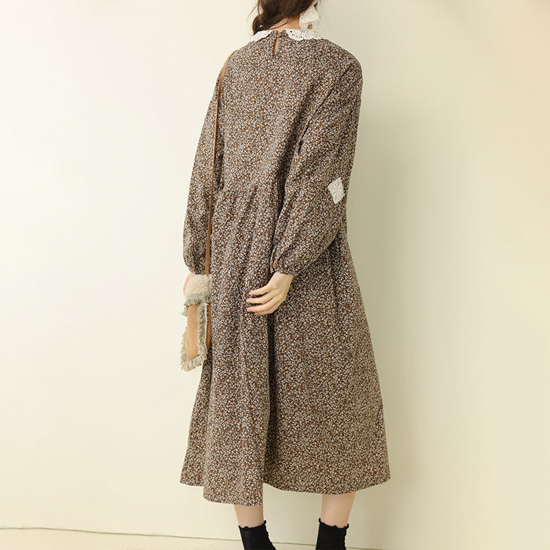 Sweet A-Line Floral Cotton Linen Long Sleeve Dress