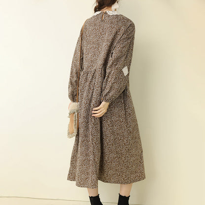 Sweet A-Line Floral Cotton Linen Long Sleeve Dress