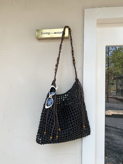 Woven Tote Bag with Beads Large Capacity Shoulder Bag for Everyday Use