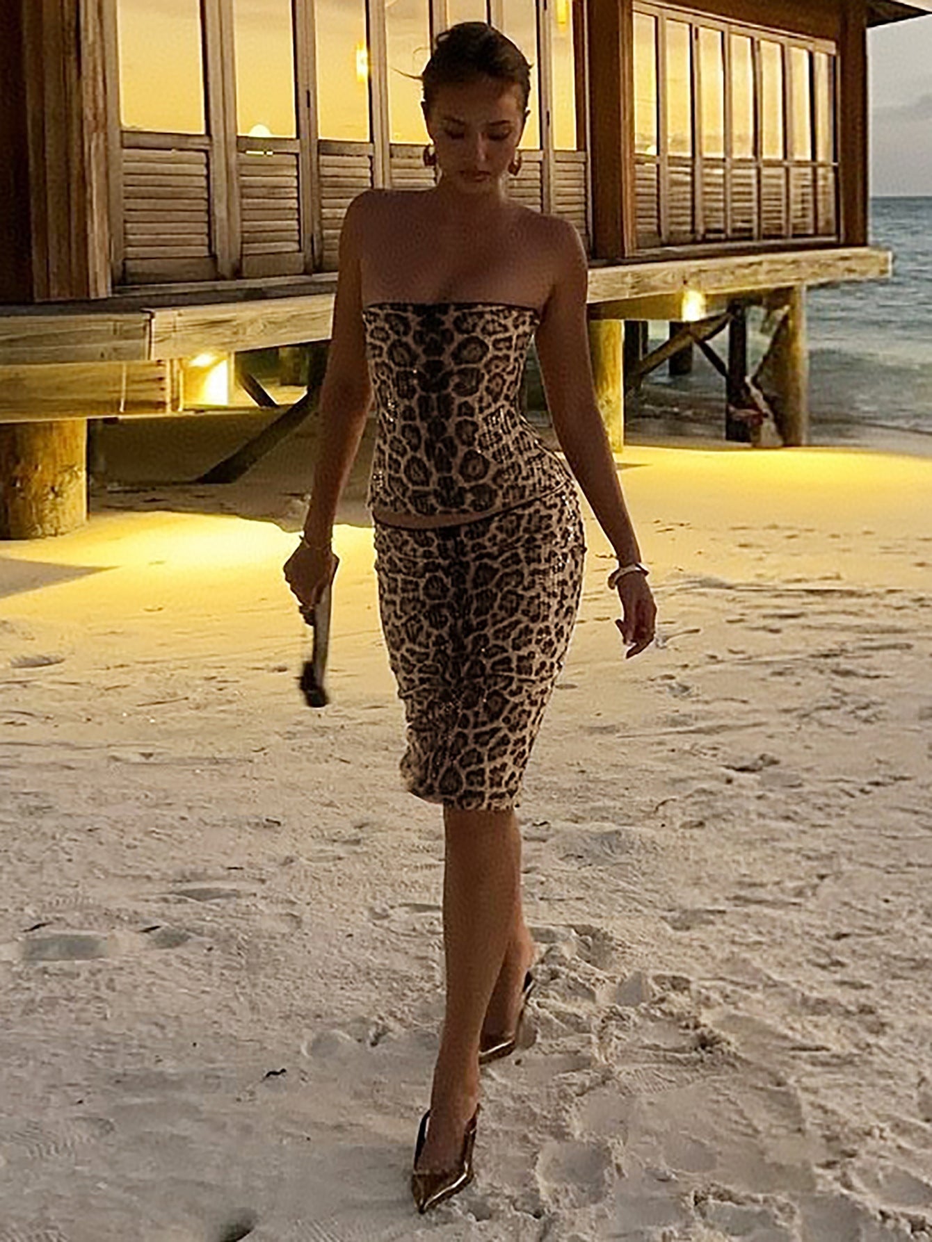 Trendy Leopard Print Tie-Back Bodycon Midi Dress