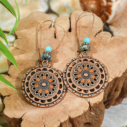 Bohemian-Inspired Hollow Round Dangle Earrings with Wooden Accents