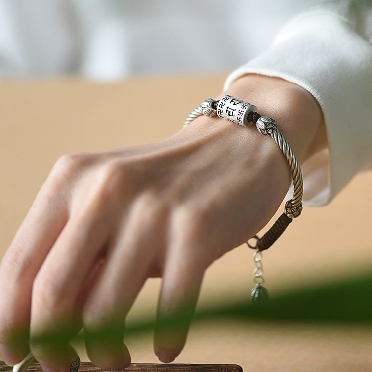925 Sterling Silver Six-Character Mantra Transfer Beads Heart Sutra Lovers Bracelet