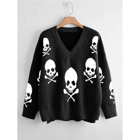 Halloween V-Neck Skull Pullover Sweater