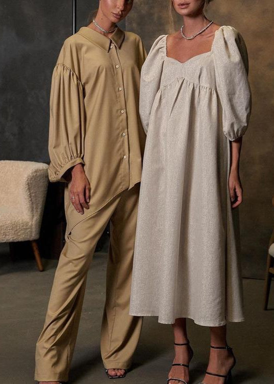 Linen Maxi Dress With Puff Sleeves And Square Neckline