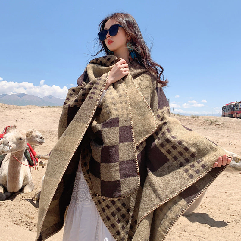 Tibetan Cold Protection Thickened Split Shawl Cloak Autumn And Winter Long Warm Scarf Women'S Cloak