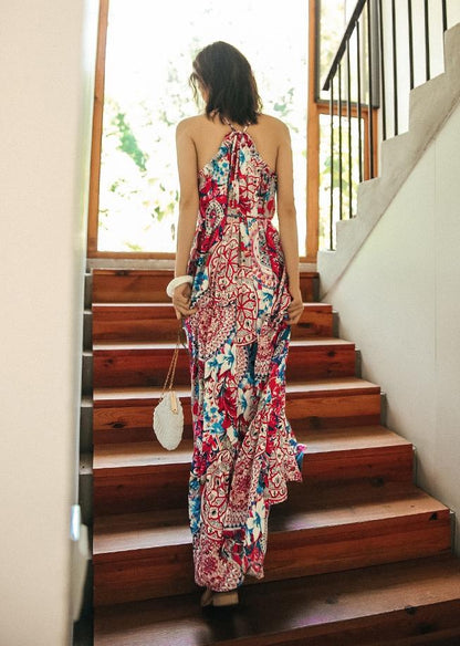 Ethnic Style Summer Bohemian Holiday Thailand Beach Spaghetti-Strap Long Dress