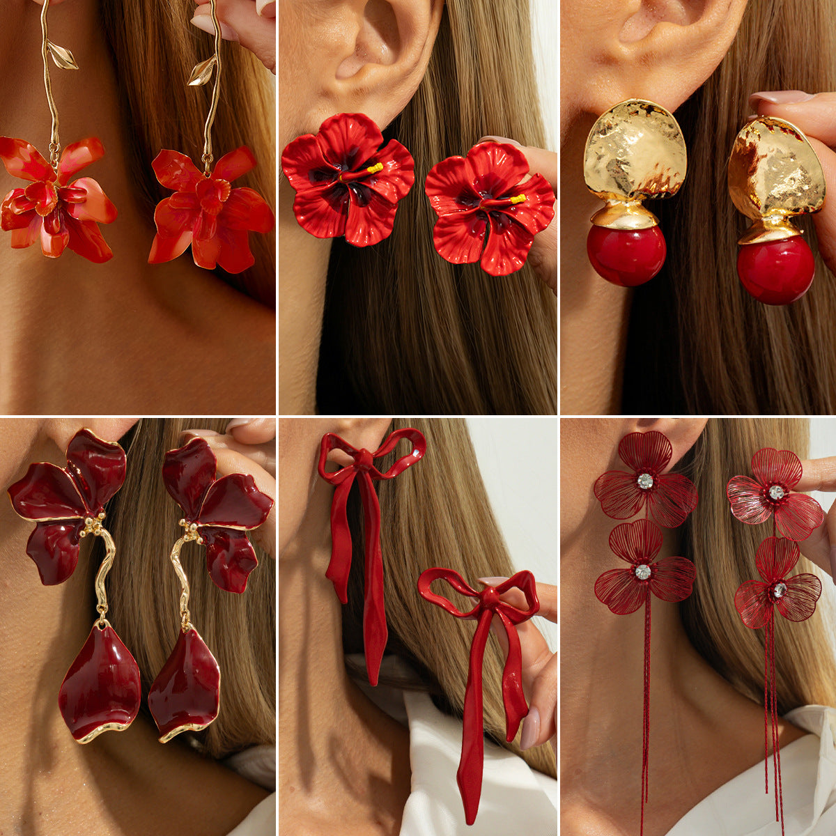 Retro Sweet Cool Metal Red Bow Earrings With Floral Design