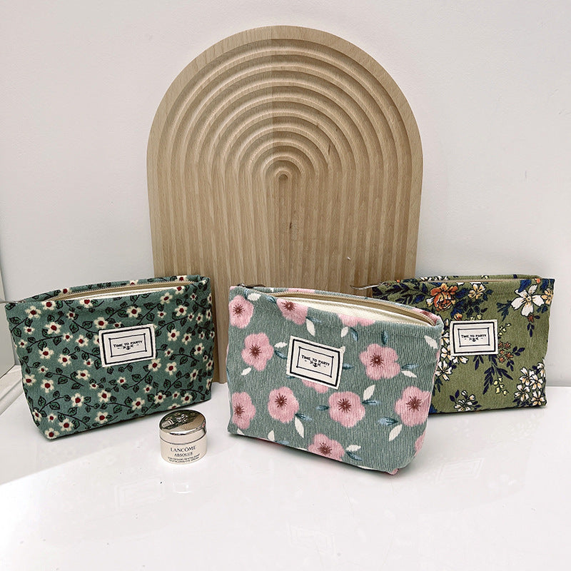 Corduroy Floral Zipper Makeup Bag Portable Travel Toiletry Organizer