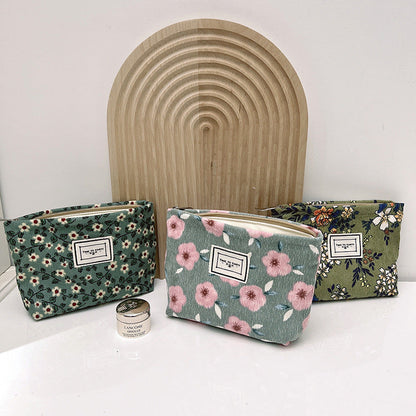 Corduroy Floral Zipper Makeup Bag Portable Travel Toiletry Organizer