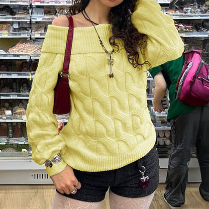 Off-Shoulder Long Sleeve Sweater Fashionable Casual Knitwear