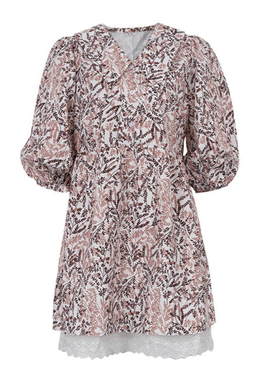 Fern Print Puff Sleeve A-Line Dress Brown