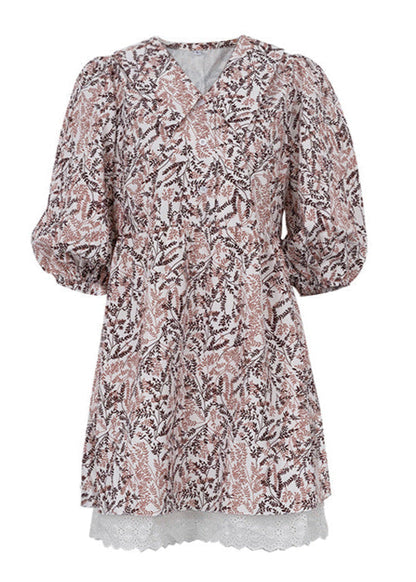 Fern Print Puff Sleeve A-Line Dress Brown