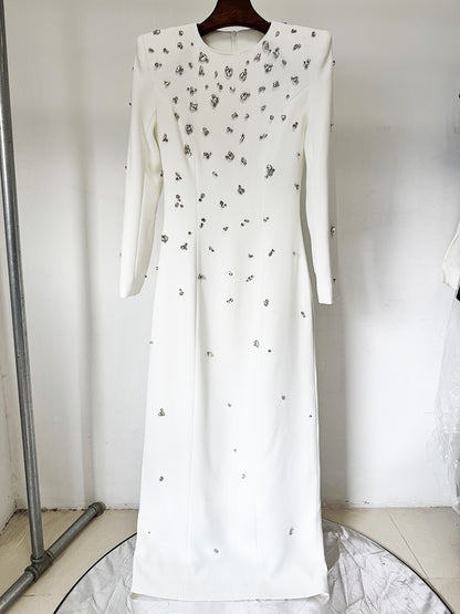 Elegant Long Sleeve A-Line Dress With Beading And Rhinestones