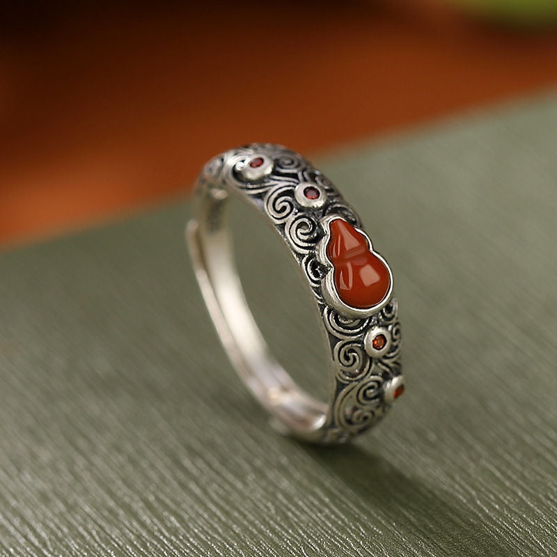 Natural Red Agate Gourd Ring Women'S S925 Sterling Silver Fulu Openwork Retro Design Ring