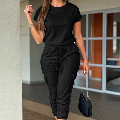 Women's Casual Short Sleeve Jumpsuit with Drawstring Pants