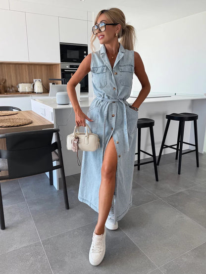 Casual Long Denim Dress With Belted Waist