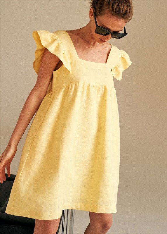 Linen Mini Dress With Flutter Sleeves And Square Neckline