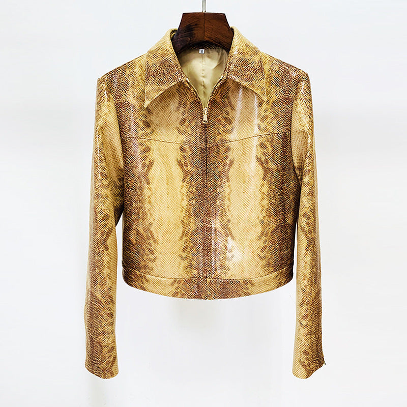 Snake Skin Pattern Faux Leather Jacket & Flared Pants Set