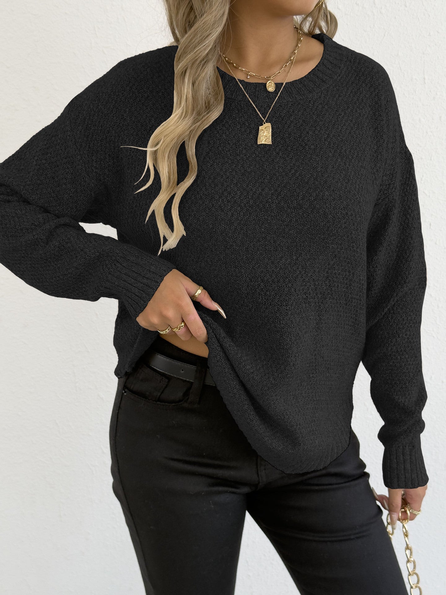 Women'S Casual Pullover Sweater Textured Fleece Round Neck