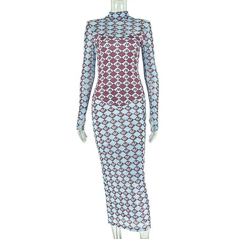Trendy Floral Bodycon Dress With High Neck And Long Sleeves