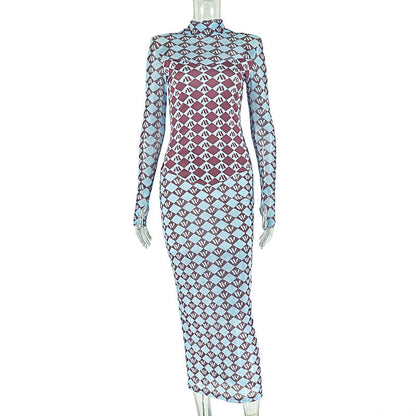 Trendy Floral Bodycon Dress With High Neck And Long Sleeves