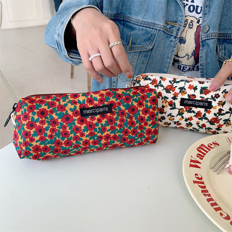 Corduroy Flower Jacquard Color Block Make Up Bag