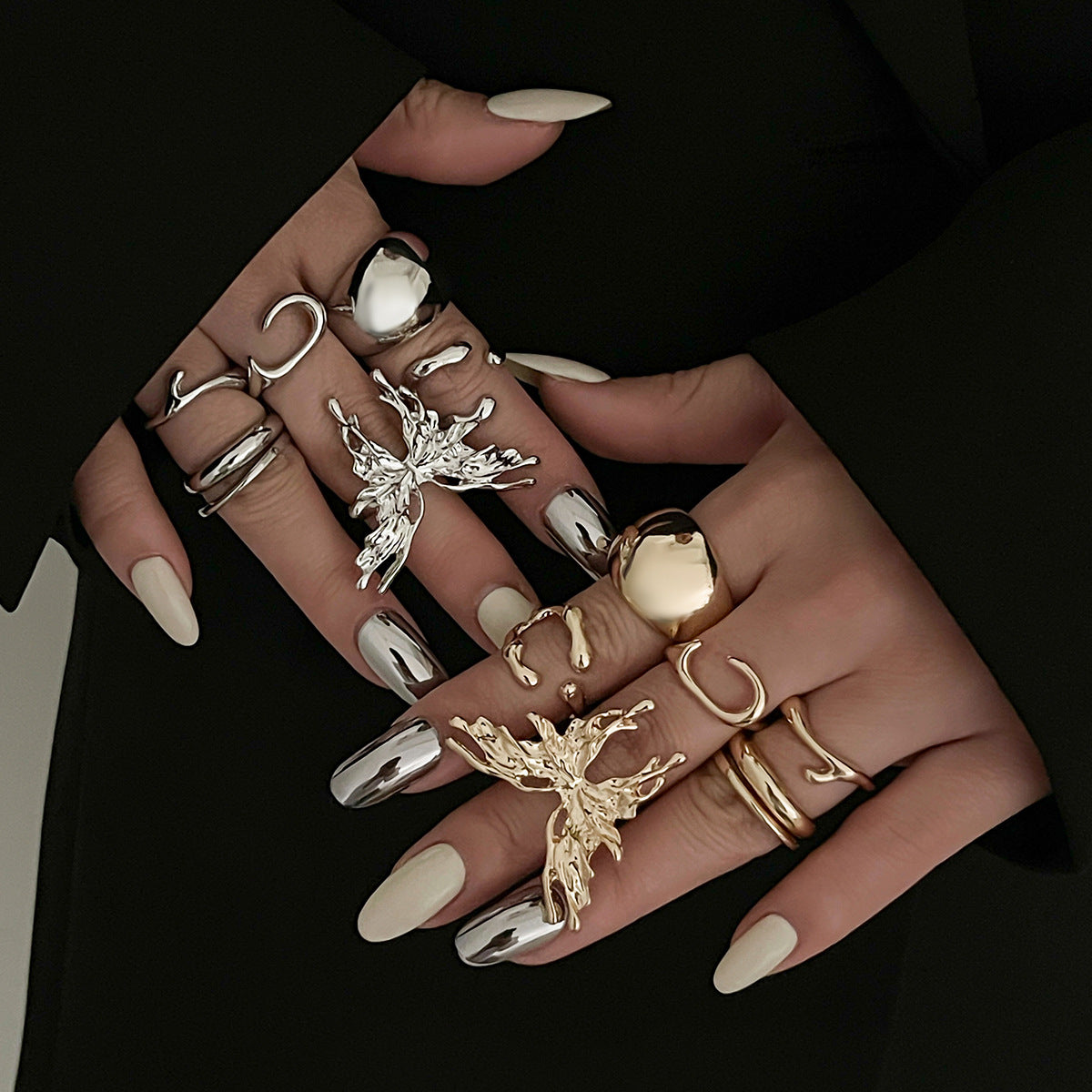 Butterfly Geometric Metal Ring Set Stylish Adjustable Open Rings