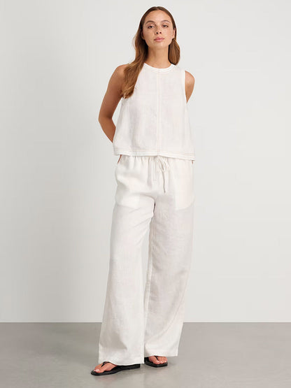 Linen Cotton Sleeveless Top and Wide-Leg Pants Casual Set